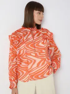 Vero Moda Abstract Printed Tie Up Neck Puff Sleeve Ruffled A-Line Top