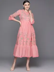 Indo Era Floral Embroidered Puff Sleeves A-Line Midi Ethnic Dress