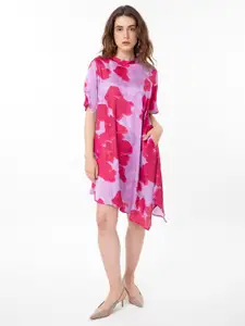 RAREISM Abstract Printed Asymmetrical A-Line Satin Dress