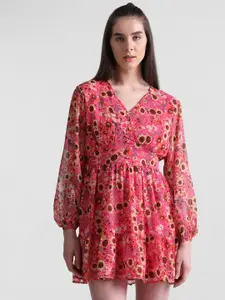 ONLY Floral Printed Puff Sleeves Gathered Fit & Flare Mini Dress