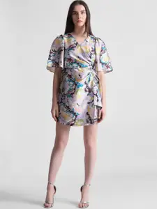 ONLY Floral Printed V-Neck Flared Sleeves Gathers Wrap Dress