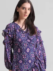 ONLY Ethnic Motifs Printed Puff Sleeves Ruffle Detail Mini Wrap Dress