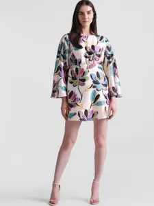ONLY Floral Printed Boat Neck Flared Sleeves Mini Sheath Dress