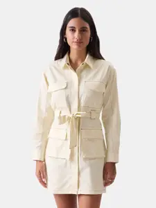 The Souled Store Off-White Cuffed Sleeves Belted Pure Cotton Shirt Dress
