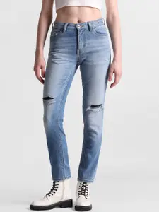 ONLY Women Slim Fit High-Rise Mildly Distressed Heavy Fade Cropped Stretchable Jeans