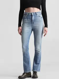 ONLY High-Rise Low Distress Heavy Fade Cat Scratches Flared Cropped Stretchable Jeans