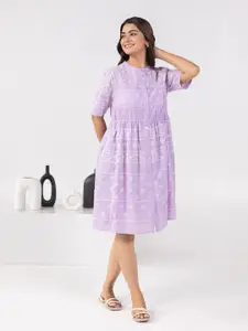 Aadews Floral Embroidered Band Collar Cotton Fit & Flare Dress