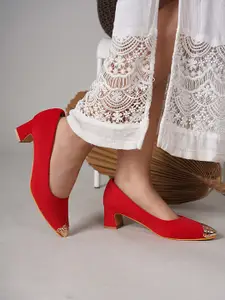 DressBerry Red & Gold Toned Embellished Pointed Toe Block Pumps