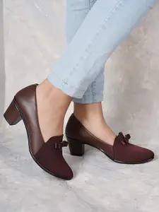 DressBerry Brown Pointed Toe Block Pumps With Bows