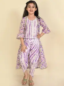 LIL PITAARA Girls Dyed Pure Cotton Top With Dhoti Pant & Printed Shrug