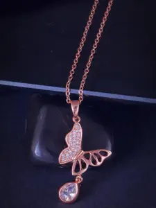 MEENAZ Rose Gold-Plated Cubic Zirconia-Studded Butterfly Shaped Pendant With Chain