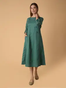 PINKSKY Conversational Embroidered Boat Neck Roll-Up Sleeves Cotton A-Line Midi Dress