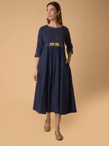 PINKSKY Round Neck Cuffed Sleeve Embroidered Pure Cotton A-Line Midi Dress