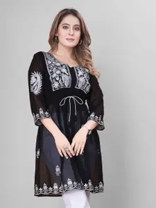 WEAVETECH IMPEX Heavy Embroidered Work Longline Pure Georgette Pleated Top