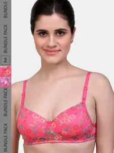MAROON Pack of 2 Floral Printed Half Coverage Heavily Padded T-Shirt Bra