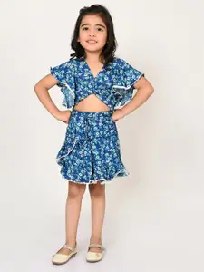 LIL DRAMA Girls Floral Printed V-Neck Top with Skirt
