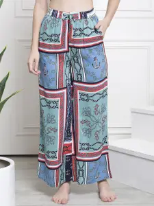 Claura Cotton Sea Green & Blue Abstract Printed Flared Lounge Pants