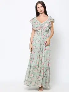 DRIRO Floral Printed Tiered Detailed V-Neck Flutter Sleeve Maxi Dress