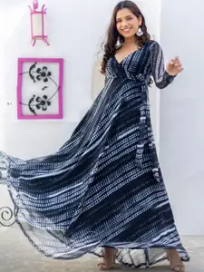 KALINI Tie & Dye V-Neck Georgette Angrakha Style Dress