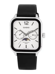 CASIO Men White Printed Dial & Black Leather Straps Analogue Watch A2186