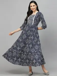 Stylum Navy Blue Ethnic Motifs Printed Round Neck Gathered Tiered A-line Maxi Ethnic Dress