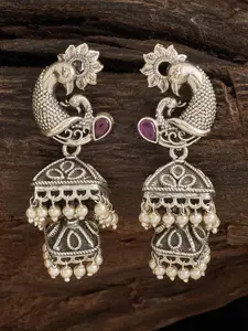 Kushal's Fashion Jewellery 92.5 Pure Silver Rhodium-Plated Peacock Shaped Jhumkas