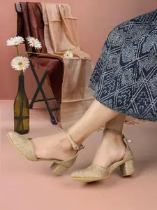 ICONICS Pointed Toe Embellished Block Pumps With Ankle Loop