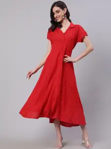 SAK JAIPUR V-Neck Polka Dots Printed V-Neck A-Line Midi Dress