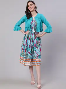 SAK JAIPUR Tropical Printed Smocked Fit & Flare Midi Dress With Jacket