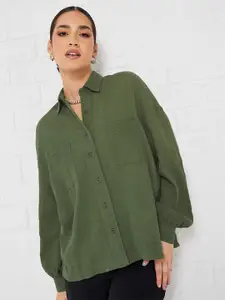 Styli Green Drop-Shoulder Sleeves Oversized Cotton Casual Shirt