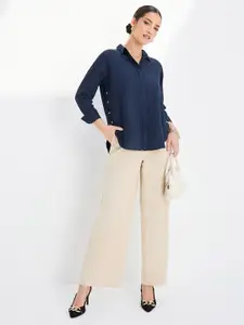 Styli Navy Blue Self Design Striped Casual Shirt