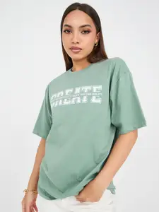 Styli Green Typography Printed Drop-Shoulder Sleeves Pure Cotton Oversized T-shirt