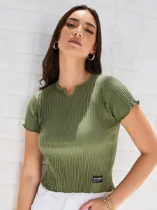 Styli Olive Green Lettuce Edge Ribbed Crop Top