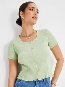 Styli Green Ribbed Round Neck Shirt Style Top