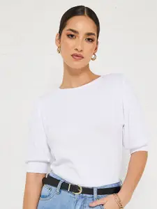 Styli Women White Puff Sleeves Ribbed Top