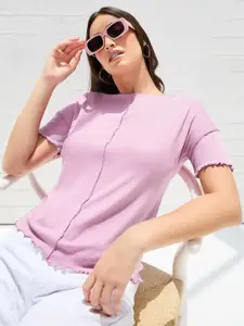 Styli Pink Boat Neck Ribbed Top