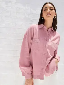 Styli Pink Self Design Opaque Casual Shirt