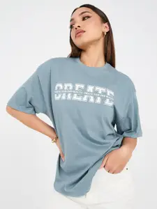 Styli Blue Typography Printed Drop-Shoulder Sleeves T-shirt