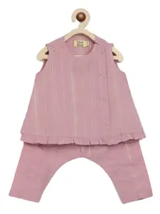Tiber Taber Infant Girls Striped Pure Cotton Ruffled A-Line Top With Trousers