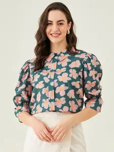 Modeve Floral Printed Shirt Collar Puff Sleeves Shirt Style Top