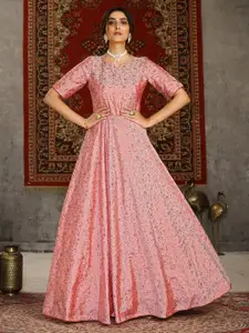 ODETTE Floral Printed Fit Flare Silk Maxi Semi Stitched Dress