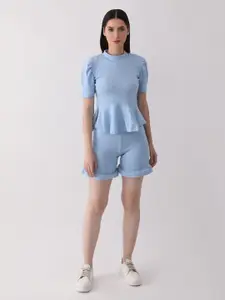 DKGF FASHION High Neck Puff Sleeve Top & Shorts