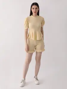 DKGF FASHION High Neck Puff Sleeve Ribbed Top With Shorts