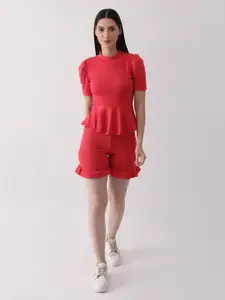 DKGF FASHION High Neck Puff Sleeve Top & Shorts