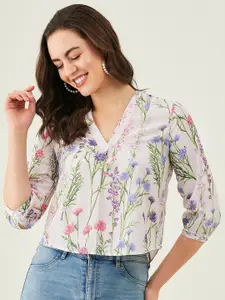 Modeve Floral Printed V-Neck Puff Sleeves Top