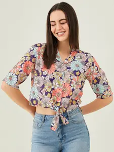 Modeve Floral Printed Shirt Collar Tie Ups Detail Crop Shirt Style Crop Top