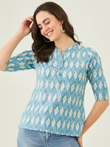 Modeve Geometric Print Mandarin Collar Shirt Style Top