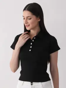 DKGF FASHION Ribbed Fitted Shirt Style Top