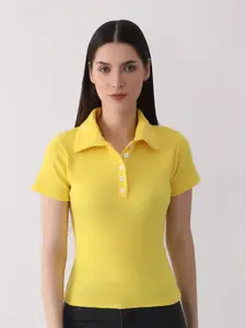 DKGF FASHION Women Solid Polo Collar T-Shirt