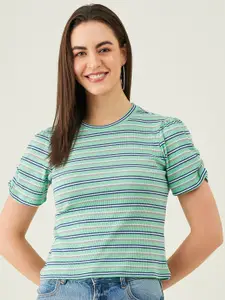 Modeve Horizontal Stripes Striped Puff Sleeves Ruched Detail Top